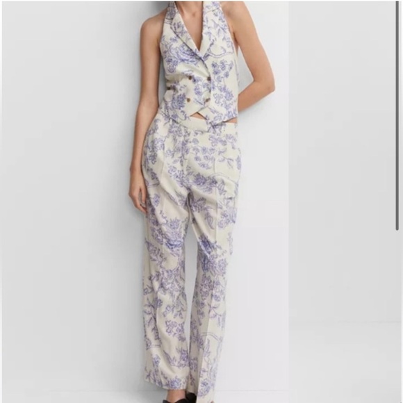 Jason Wu Floral Linen Pants Sz 8 Blue Wide Leg - Picture 1 of 6